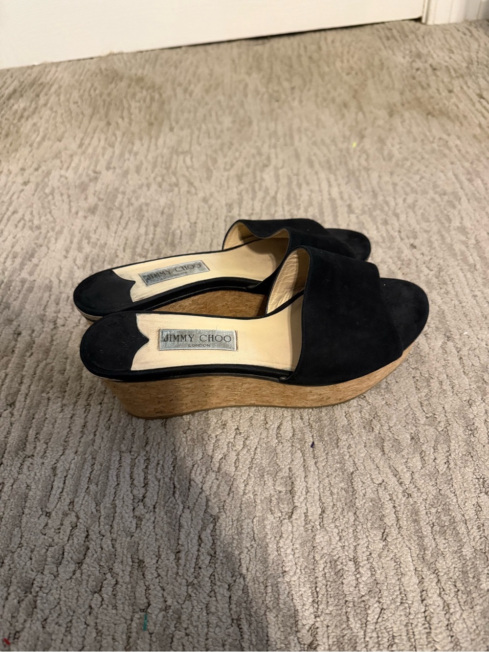 Jimmy Choo Black Suede Cork Wedge Mules